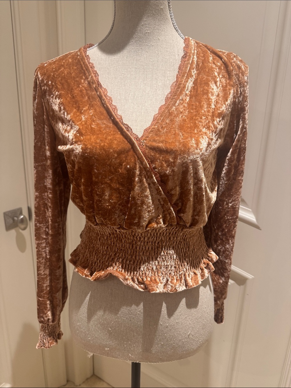 Smocked Velvet Surplice Long Sleeve Top - Rust